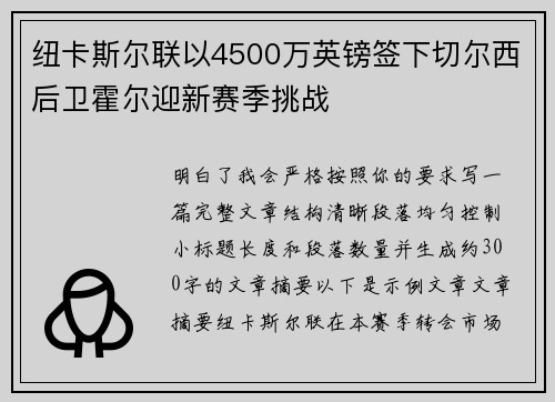 纽卡斯尔联以4500万英镑签下切尔西后卫霍尔迎新赛季挑战