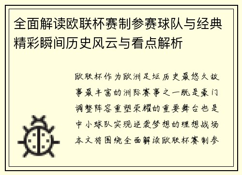 全面解读欧联杯赛制参赛球队与经典精彩瞬间历史风云与看点解析