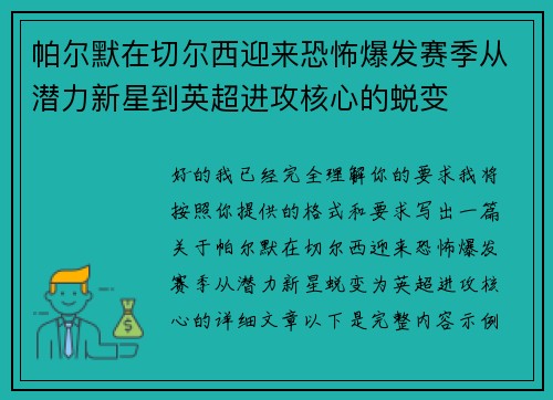 帕尔默在切尔西迎来恐怖爆发赛季从潜力新星到英超进攻核心的蜕变
